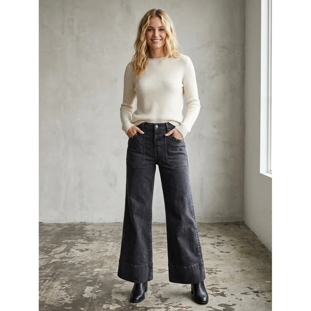 Pilcro Anthropologie Wide Leg Studded Jeans Black High Rise Utility Denim 28